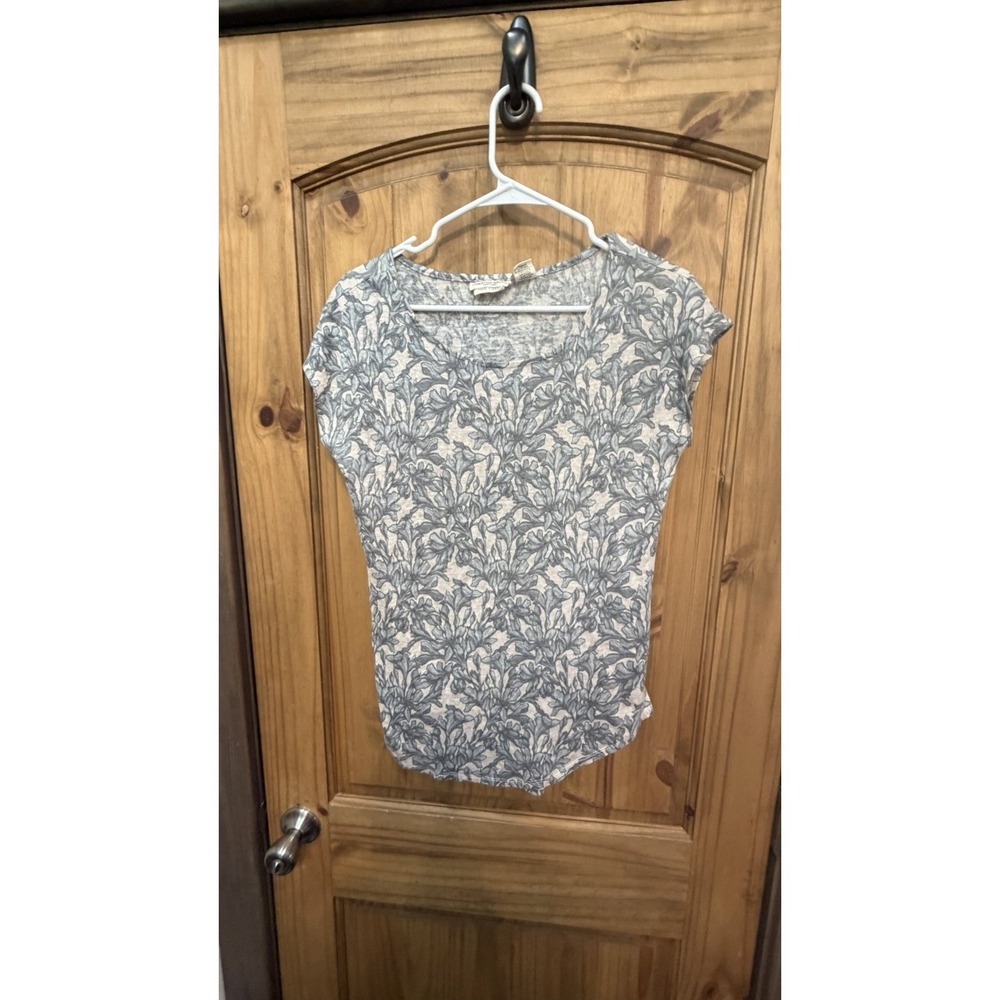 Christian Siriano New York 100% Linen Top Womens Medium Gray Floral Cap Sleeve